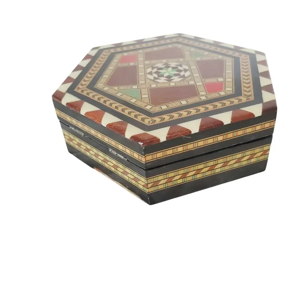 Vintage Spanish Marquetry Trinket Box| Hexagon Jewelry Inlaid Wood Taracea